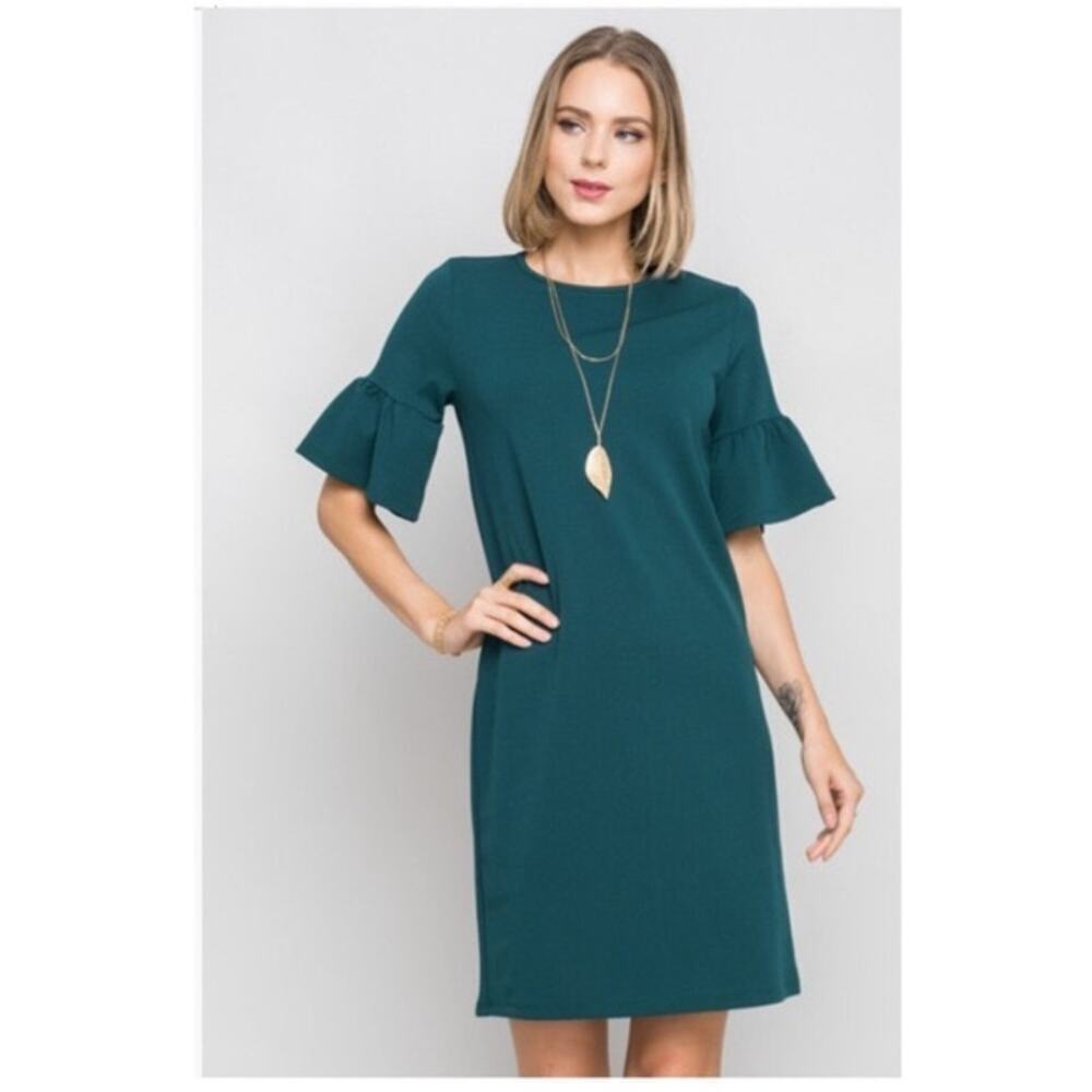 Les Amis Boutique Green Shift Dress Ruffle Short Bell Sleeve Size Medium Knee - Picture 13 of 13